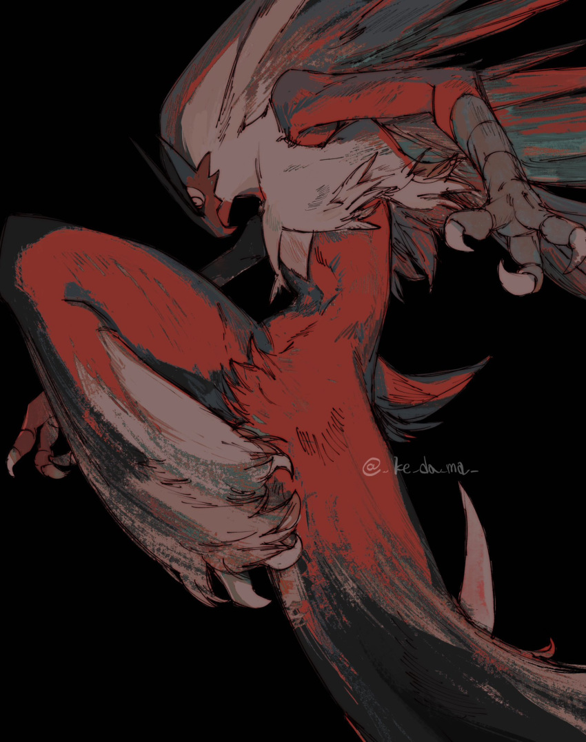 black_background blaziken claws high_kick highres kicking no_humans piyomotsu pokemon pokemon_(creature) signature simple_background solo twitter_username