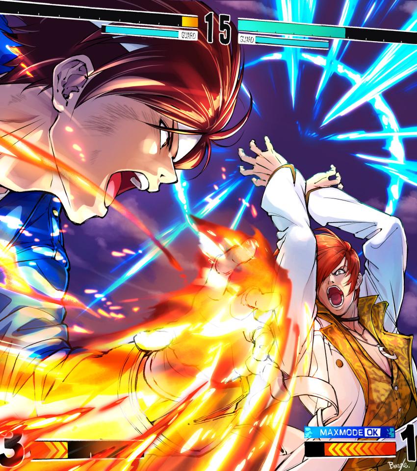 2boys absurdres black_choker blue_jacket brown_hair choker coat crescent_necklace fighting_stance fingerless_gloves fire furrowed_brow gloves hair_over_one_eye hands_up headband health_bar highres jacket jewelry kusanagi_kyou long_sleeves male_focus multiple_boys necklace open_mouth parted_bangs red_hair short_hair shouting signature strikebeagle the_king_of_fighters the_king_of_fighters_xv upper_body waistcoat white_coat white_headband wide-eyed yagami_iori