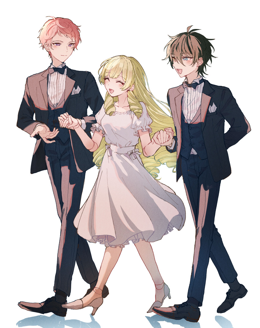1girl 2boys absurdres aqua_eyes arm_behind_back black_bow black_bowtie black_footwear black_hair black_pants blonde_hair bow bowtie breast_pocket closed_eyes closed_mouth commentary_request dress ensemble_stars! facing_another formal full_body hair_between_eyes high_heels highres holding_hands itsuki_shu jacket kagehira_mika lapels long_hair looking_at_another mademoiselle_(ensemble_stars!) multiple_boys open_clothes open_jacket open_mouth pants pink_hair pocket purple_eyes short_bangs short_hair short_sleeves valkyrie_(ensemble_stars!) vest wednesday_108 white_background white_dress yellow_eyes