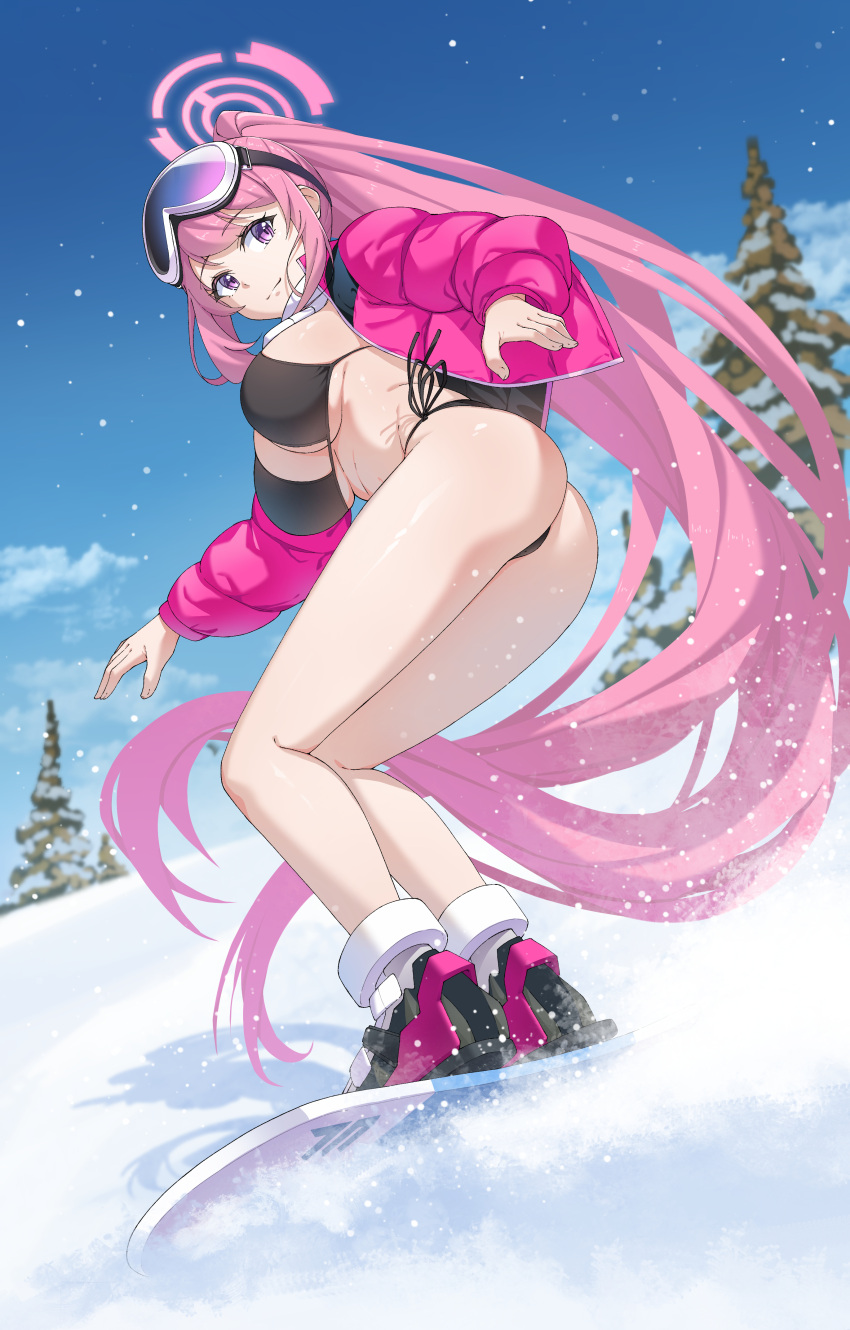 1girl absurdres ass bikini black_bikini blue_archive blush breasts day eimi_(blue_archive) eimi_(swimsuit)_(blue_archive) goggles goggles_on_head halo highres jacket large_breasts long_hair long_sleeves looking_at_viewer mzrz navel official_alternate_costume open_clothes open_jacket outdoors padded_jacket pink_hair pink_halo pink_jacket ponytail scarf side-tie_bikini_bottom ski_goggles sky snow snowboard snowboarding solo swimsuit tree white_scarf