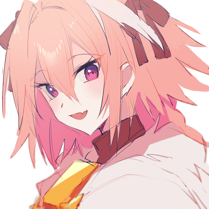 1boy :d astolfo_(fate) fang fate/grand_order fate_(series) hair_between_eyes hair_ribbon highres koyashaka looking_at_viewer male_focus multicolored_hair open_mouth otoko_no_ko purple_eyes ribbon simple_background skin_fang smile solo streaked_hair upper_body white_background