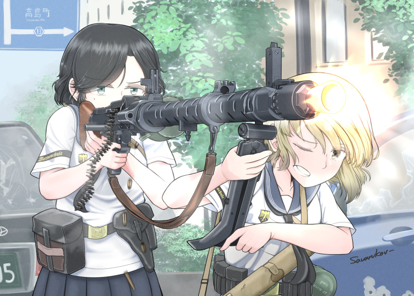 2girls bipod black_hair black_sailor_collar black_skirt blonde_hair broken_glass car clenched_teeth clothes_writing commentary_request day firing glass green_eyes gun highres holding holding_gun holding_weapon machine_gun mg34 mole mole_under_eye motor_vehicle multiple_girls muzzle_flash one_eye_closed original outdoors pleated_skirt sailor_collar savankov school_uniform serafuku shirt short_sleeves signature skirt teeth tree weapon white_shirt