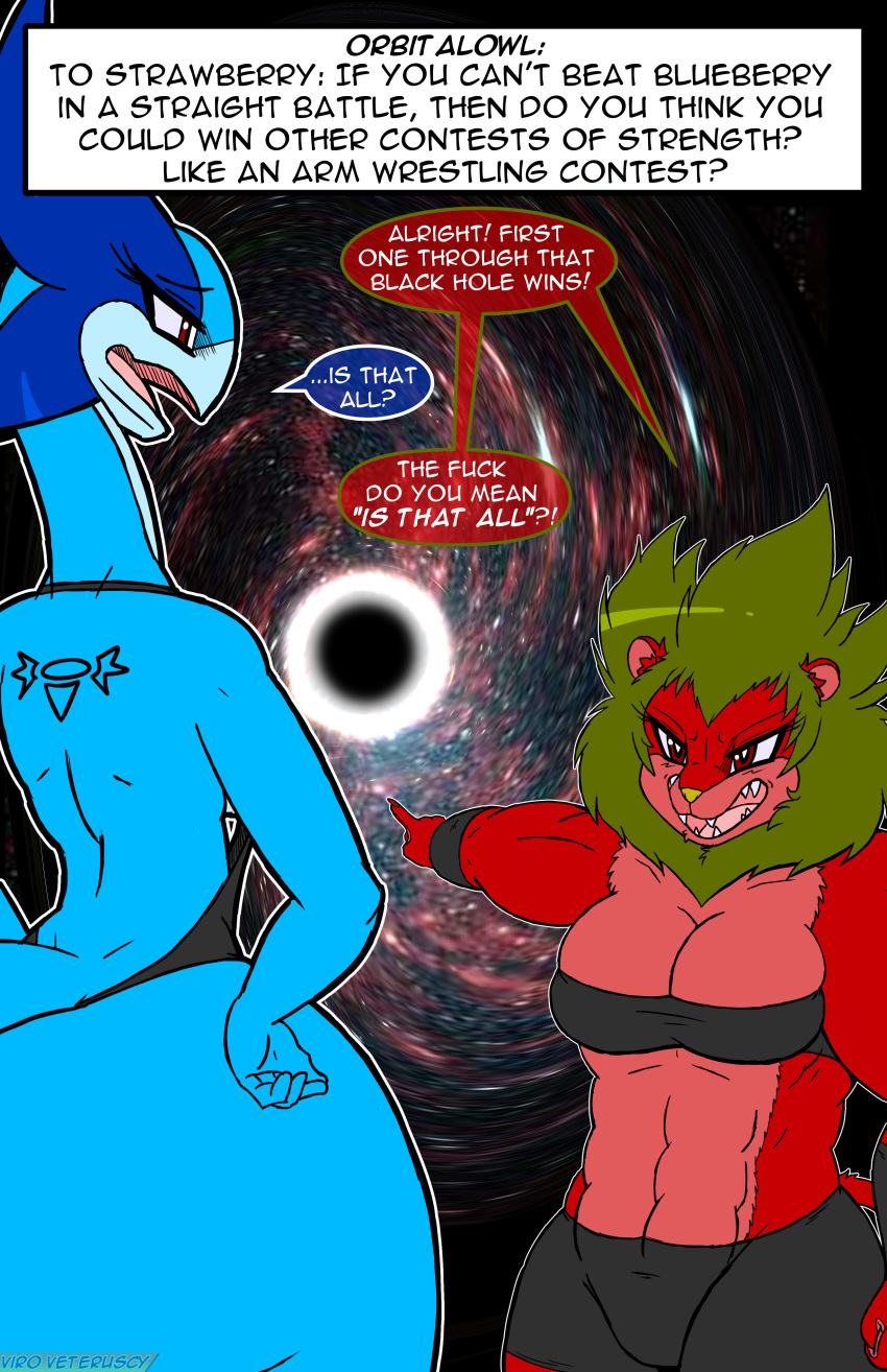 2023 abs absurd_res anthro ask_blog back_tattoo big_breasts black_hole blue_body blue_scales blueberry_jam_(viroveteruscy) breasts clothed clothing color_coded color_coded_speech_bubble dress duo english_text felid female fur hi_res lion mammal message multicolored_body multicolored_fur muscular muscular_anthro muscular_female non-mammal_breasts open_mouth pantherine profanity red_body red_eyes red_fur reptile scales scalie speech_bubble strawberry_(viroveteruscy) tattoo text two_tone_body two_tone_fur user_message username viroveteruscy warning_cream_filled