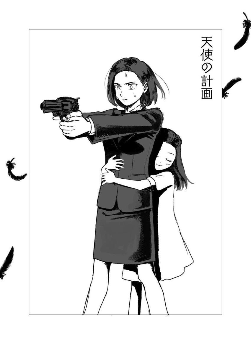 2girls ace_attorney aged_down aiming closed_eyes closed_mouth dahlia_hawthorne dress feathers greyscale gun highres holding holding_gun holding_weapon hug hug_from_behind jacket long_hair long_sleeves monochrome multiple_girls pencil_skirt phoenix_wright:_ace_attorney_-_trials_and_tribulations renshu_usodayo shirt short_hair short_sleeves simple_background skirt skirt_suit smile standing suit sweatdrop valerie_hawthorne weapon