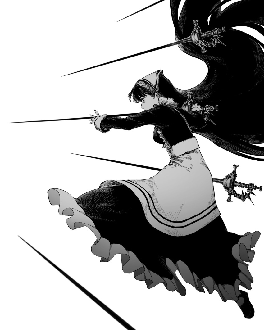 1girl apron attack breasts center_frills charging_forward commentary covered_mouth dress english_commentary floating floating_hair floating_object floating_sword floating_weapon frilled_dress frills from_side full_body greyscale headdress highres holding holding_sword holding_weapon lace-trimmed_headwear lace_trim long_hair long_sleeves looking_ahead making-of_available mary_janes monochrome multiple_swords original outstretched_arms profile rapier shoes simple_background solo standing standing_on_one_leg sword very_long_hair waist_apron weapon zero808w