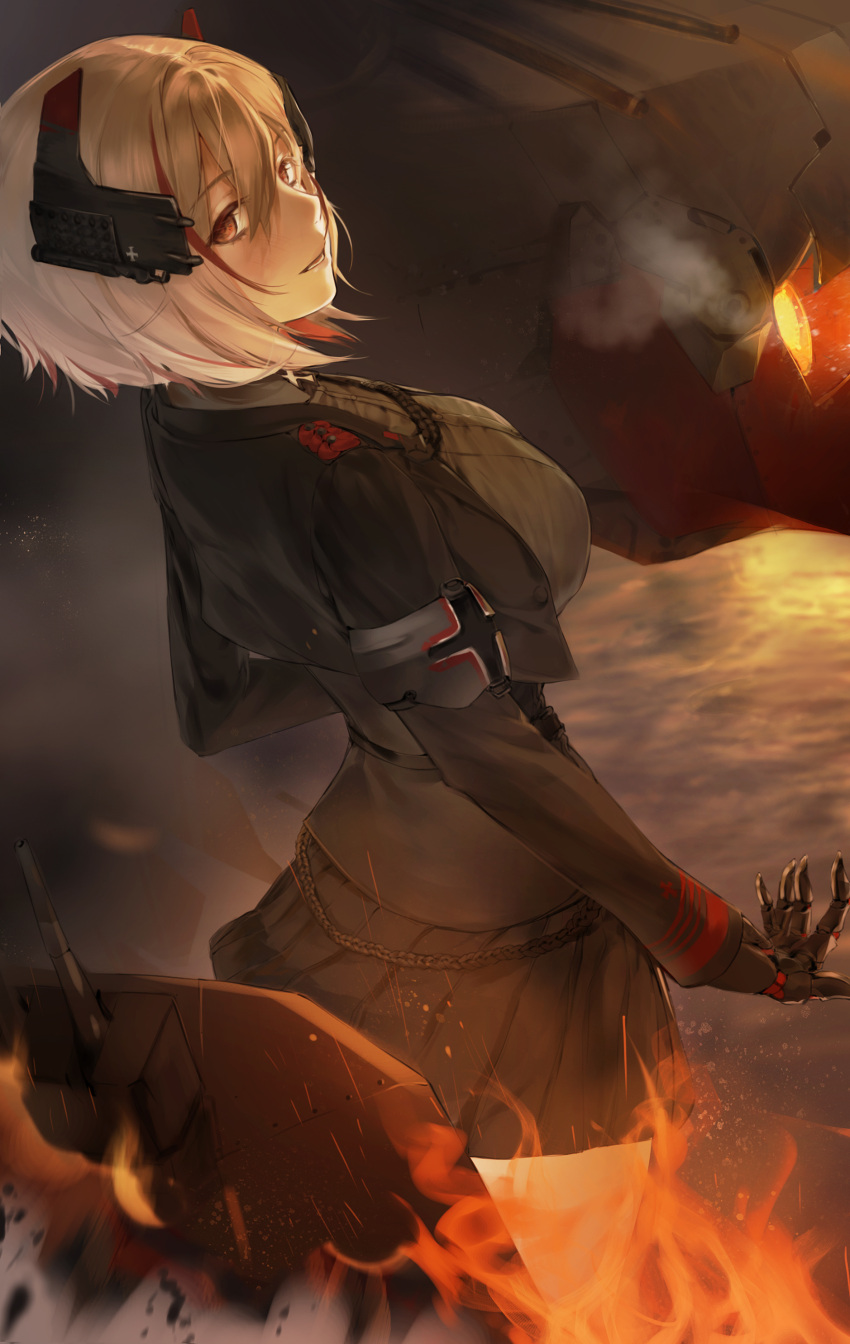 1girl absurdres azur_lane black_dress black_jacket black_skirt blonde_hair breasts cropped_jacket cross dress evil_smile from_side hair_between_eyes headgear highres iron_cross jacket large_breasts long_sleeves looking_at_viewer looking_to_the_side mechanical_hands military_uniform multicolored_hair open_clothes open_jacket open_mouth pleated_skirt red_eyes red_hair roon_(azur_lane) short_hair skirt smile solo streaked_hair tanxing_jiu uniform water