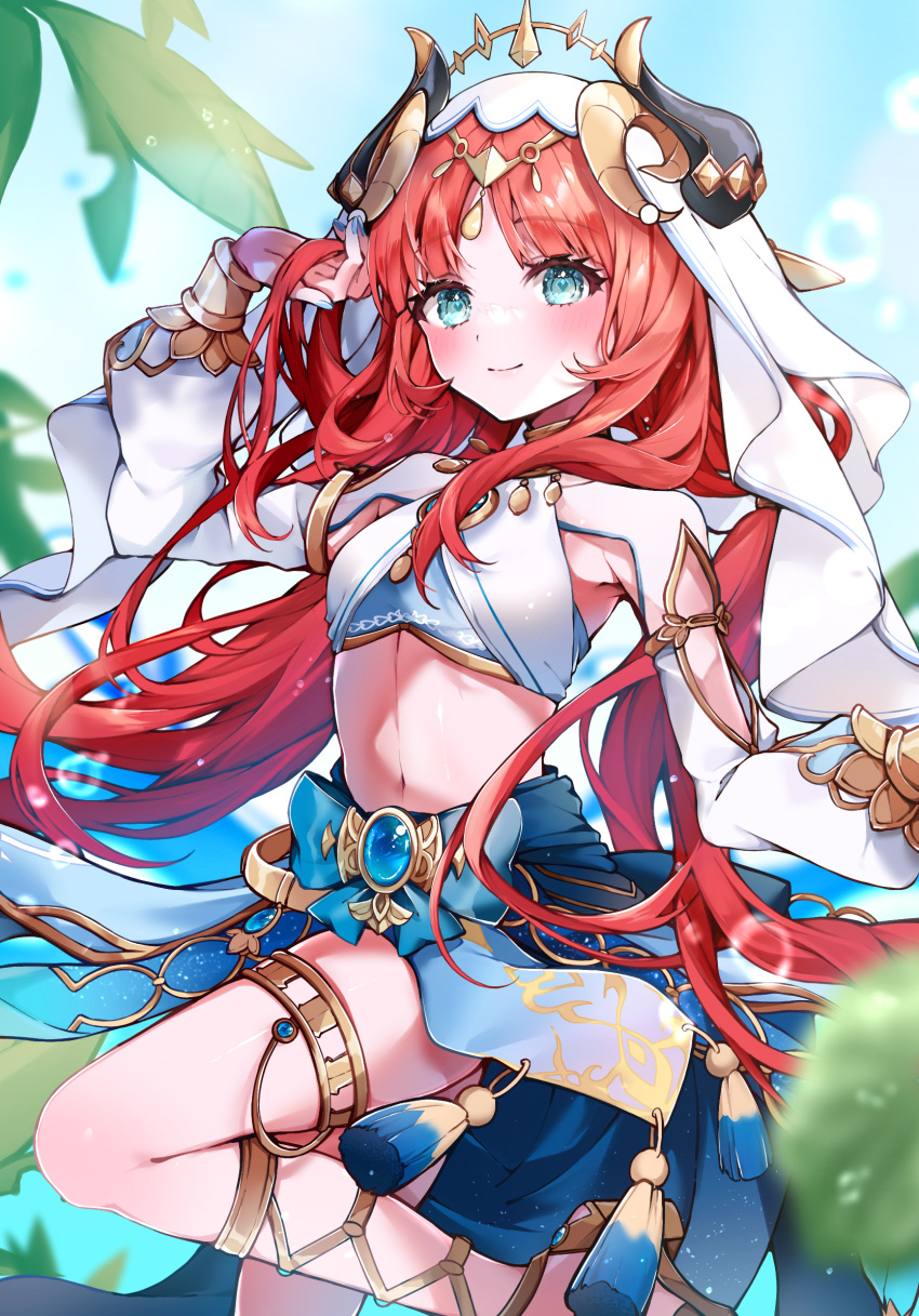 1girl aqua_eyes armpits blue_gemstone blue_sky blue_veil blunt_bangs blush breasts brooch circlet closed_mouth detached_sleeves fake_horns gem genshin_impact gladiator_sandals green_eyes hand_in_own_hair harem_outfit highres horns jewelry kuramiko long_hair long_sleeves looking_at_viewer navel neck_ring nilou_(genshin_impact) outdoors puffy_long_sleeves puffy_sleeves red_hair sandals sidelocks sky small_breasts smile solo veil very_long_hair white_headdress white_veil