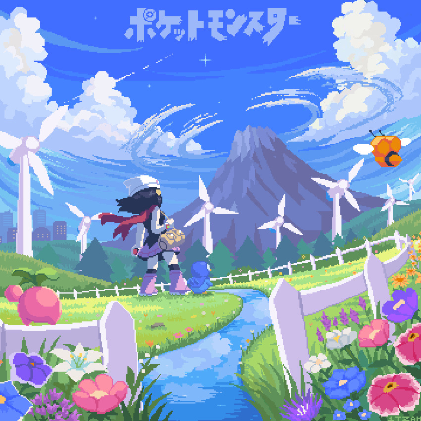 1girl animated animated_gif boots cherubi combee dawn_(pokemon) day facing_away fence flower grass holding holding_poke_ball itzah mountain outdoors pink_footwear pink_skirt piplup pixel_art poke_ball pokemon pokemon_(game) reflection scarf skirt solo tree watch water white_headwear wind windmill wristwatch