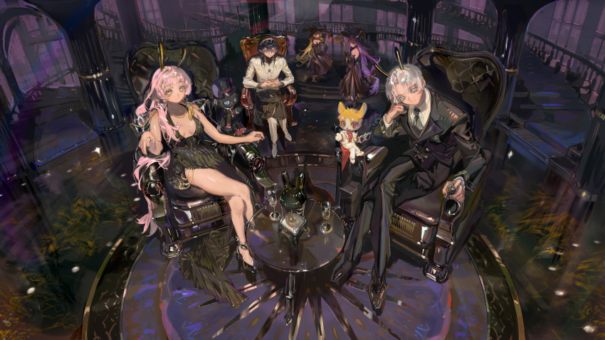1boy 4girls absurdres animal_ears armchair ascot bare_shoulders bead_necklace beads black_dress black_footwear black_headwear black_jacket black_nails black_pants black_skirt black_suit blonde_hair breasts buttons center_opening chair character_request clenched_hand closed_mouth coattails collared_shirt commentary copyright_request crossed_legs cup dress drinking_glass english_commentary full_body gold_necklace green_eyes grey_ascot hairband hand_in_own_hair hand_on_own_head hat head_tilt high_heels highres indoors jacket jewelry layered_sleeves long_dress long_hair long_sleeves looking_at_viewer medium_hair miniskirt multiple_girls nail_polish necklace own_hands_clasped own_hands_together pants pants_under_skirt parted_bangs pink_hair purple_hair rabbit_ears red_eyes shirt shoes short_dress short_hair side_slit sitting skirt small_breasts smile stairs striped striped_dress suit sunglasses table tamomoko vertical-striped_dress vertical_stripes very_long_hair white_footwear white_hair white_hairband white_pants white_shirt white_suit wine_glass witch_hat yellow_eyes