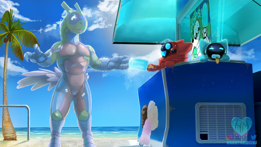 2023 3_fingers anthro beach cloud dessert featureless_crotch feral fingers food frozen group heartermobs hi_res ice_cream ice_cream_stand machine male nude outside palm_tree plant protogen robot seaside synth_(vader-san) tree trio