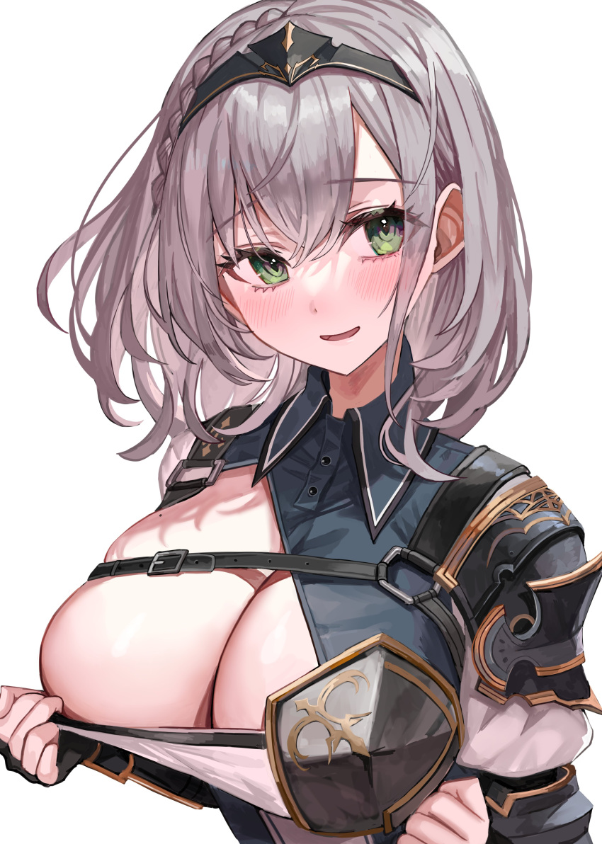 1girl absurdres armor blush breasts cleavage green_eyes grey_hair highres hololive large_breasts looking_at_viewer parted_lips rum_raisin_(chihiromakita19) shiny_skin shirogane_noel short_hair smile solo upper_body virtual_youtuber