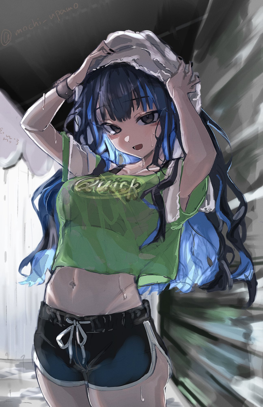 1girl black_hair black_nails blue_hair breasts colored_inner_hair fate/grand_order fate_(series) grey_eyes highres long_hair medium_breasts midriff mochi_upamo multicolored_hair navel quick_shirt shirt short_shorts shorts tenochtitlan_(fate) towel twitter_username wet wet_clothes wet_shirt