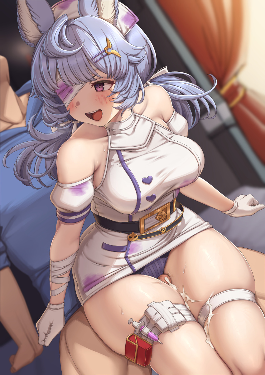 1boy 1girl absurdres animal_ears bare_shoulders blue_hair breasts censored cum gloves gran_(granblue_fantasy) granblue_fantasy hetero highres large_breasts momo_no_sukebe mosaic_censoring official_alternate_costume one_eye_covered open_mouth panties penis purple_eyes purple_panties sitting smile solo solo_focus syringe thigh_sex thigh_strap thighs tikoh tikoh_(halloween) underwear white_gloves white_headwear