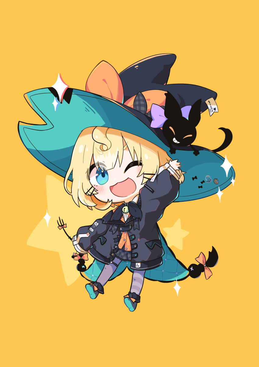 1girl ;d black_cat black_headwear black_jacket blonde_hair blue_eyes bow cardigan cat chibi hat hat_bow highres jacket large_hat lucie_(millie_parfait) millie_parfait millie_parfait_(1st_costume) nijisanji nijisanji_en one_eye_closed open_clothes open_jacket orange_bow orange_cardigan seturennn short_hair smile solo virtual_youtuber witch_hat