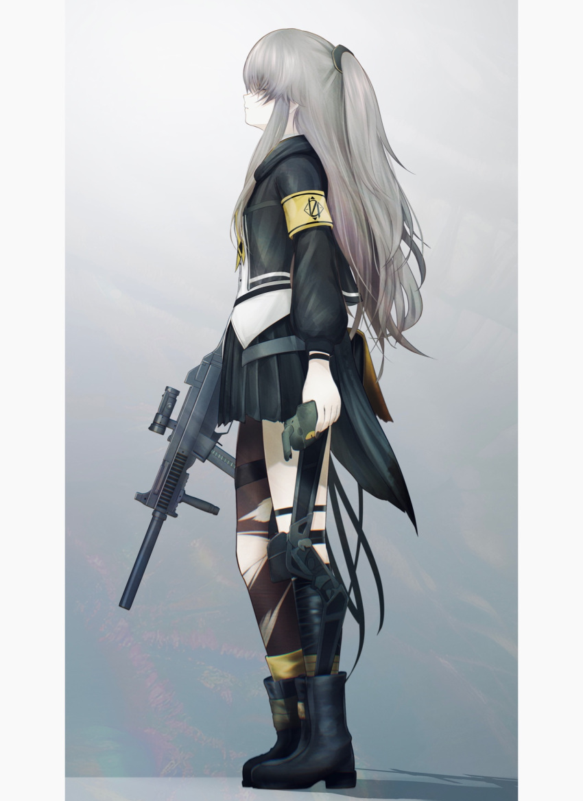 1girl armband black_footwear black_jacket black_nails black_skirt boots brown_pantyhose closed_eyes closed_mouth commentary from_side full_body girls'_frontline grey_hair guchagucha gun h&amp;k_ump highres holding holding_gun holding_weapon jacket long_hair long_sleeves nail_polish name_connection object_namesake one_side_up open_clothes open_jacket pantyhose pleated_skirt profile puffy_long_sleeves puffy_sleeves scar scar_across_eye shirt single_leg_pantyhose skirt solo standing submachine_gun torn_clothes torn_pantyhose ump45_(girls'_frontline) very_long_hair weapon white_shirt