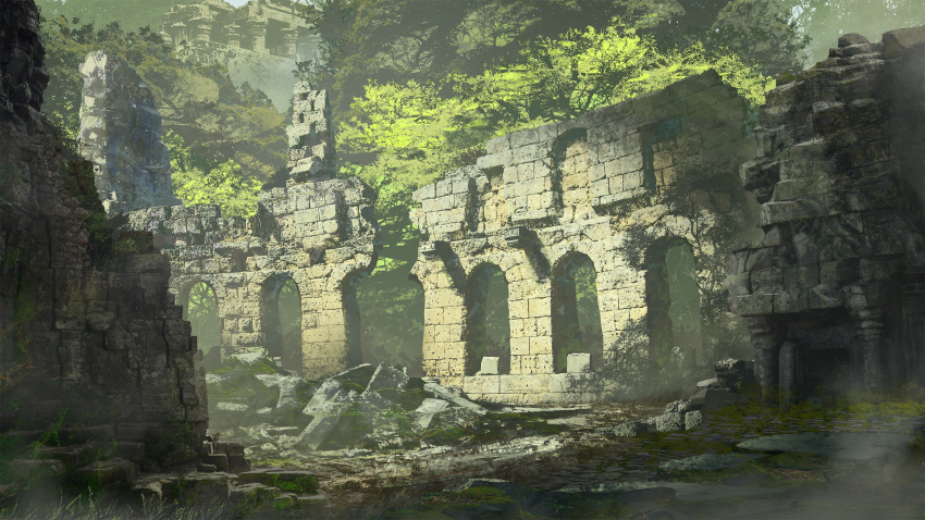 blurry blurry_foreground building commentary commission day english_commentary grass gyoukan_(jfxc) highres moss nature no_humans original outdoors pillar pixiv_commission plant ruins scenery sunlight tree wide_shot