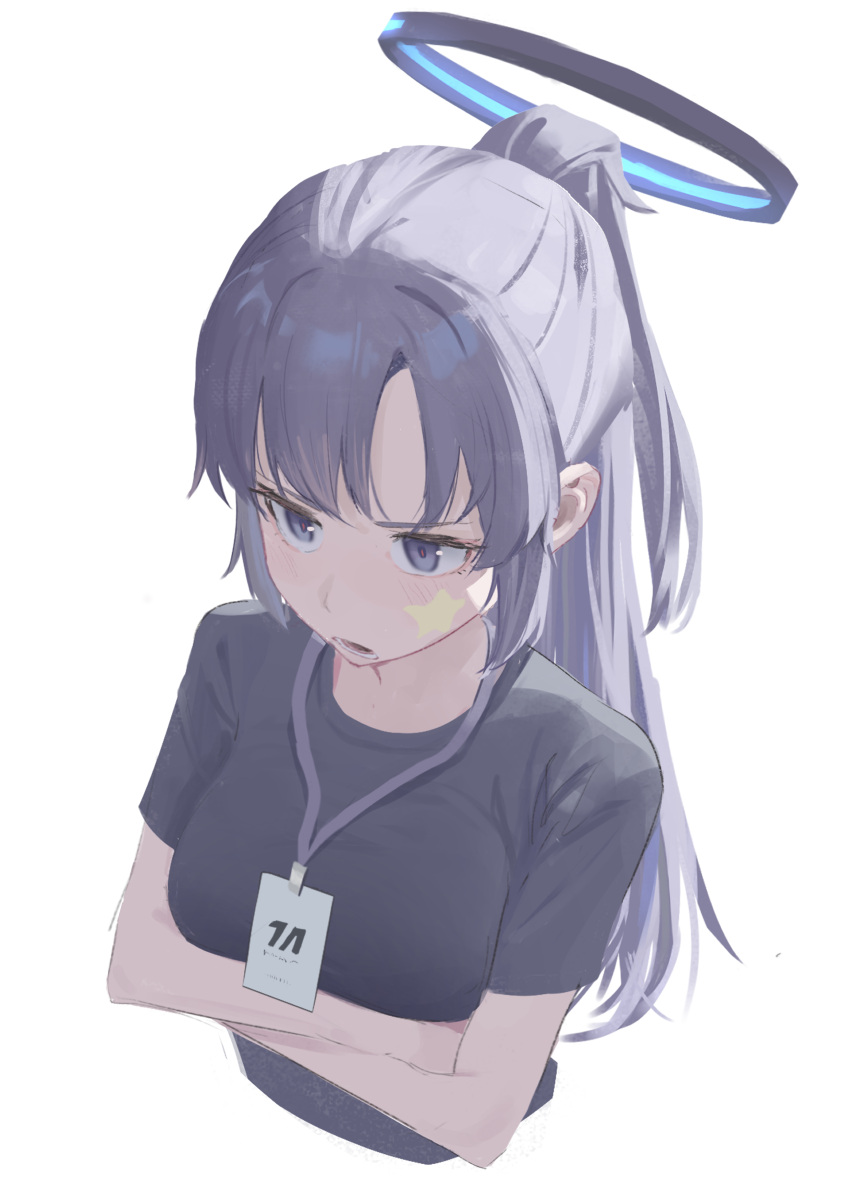 1girl absurdres black_shirt blue_archive breasts cropped_torso crossed_arms facepaint half_updo halo highres lanyard losk medium_breasts ponytail purple_eyes purple_hair shirt short_sleeves simple_background solo star_(symbol) upper_body white_background yuuka_(blue_archive) yuuka_(track)_(blue_archive)