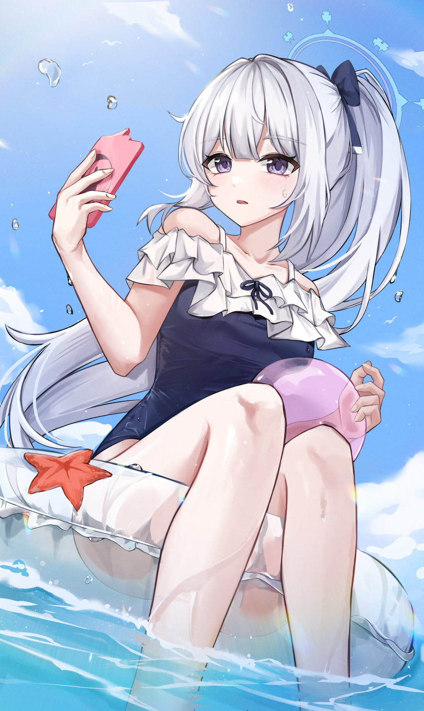 1girl absurdres blue_archive blue_halo blue_one-piece_swimsuit bow casual_one-piece_swimsuit collarbone frilled_one-piece_swimsuit frills hair_bow halo highres holding holding_phone long_hair miyako_(blue_archive) miyako_(swimsuit)_(blue_archive) off-shoulder_one-piece_swimsuit off_shoulder official_alternate_costume on_innertube one-piece_swimsuit phone ponytail purple_eyes solo starfish swimsuit transparent_innertube very_long_hair white_hair yum_draw
