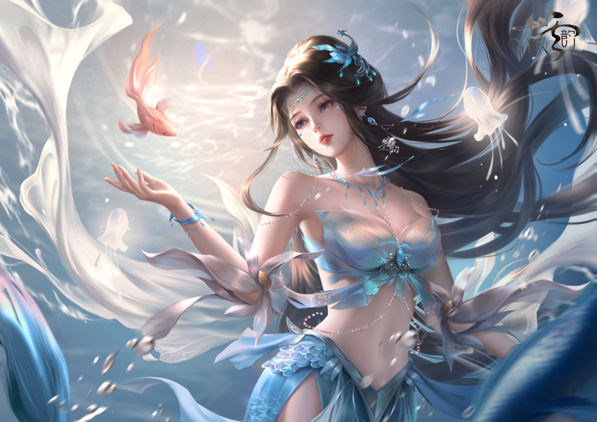 1girl absurdres artist_request bare_shoulders blue_eyes bracelet brown_hair doupo_cangqiong earrings fish floating_hair hair_bun highres jellyfish jewelry koi long_hair looking_to_the_side navel necklace parted_lips second-party_source solo teeth underwater upper_body yun_yun_(doupo_cangqiong)