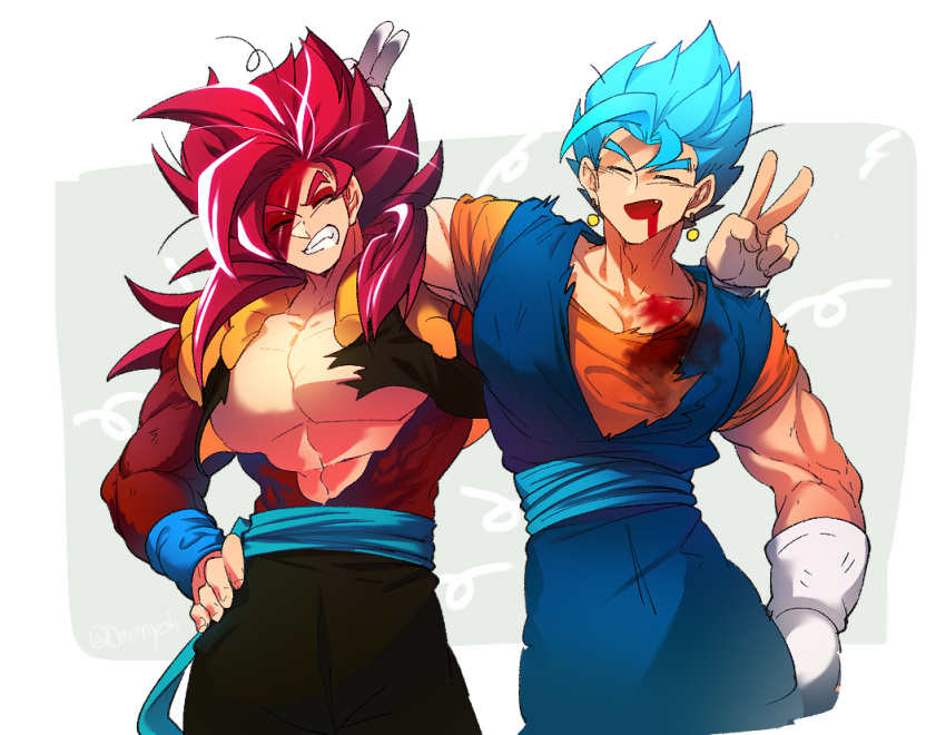 blue_sash blue_wristband dougi dragon_ball dragon_ball_heroes dragon_ball_super earrings gloves gogeta gogeta_(xeno) jewelry long_hair male_focus metamoran_vest monkey_boy monkey_tail multiple_boys ommmyoh potara_earrings red_fur saiyan sash super_full_power_saiyan_4_limit_breaker super_saiyan super_saiyan_4 super_saiyan_blue tail time_patrol_(dragon_ball)