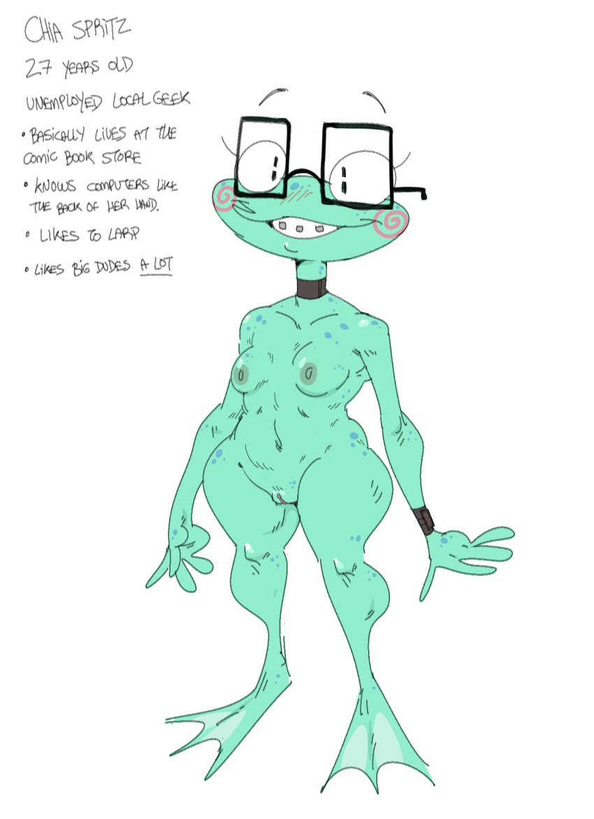 2023 amphibian anthro braces breasts casual_nudity chia_spritz_(mhdrawin) english_text eyewear eyewear_only female frog genitals glasses glasses_only green_body grin hi_res membrane_(anatomy) mhdrawin model_sheet nerd nipples non-mammal_breasts non-mammal_nipples nude pussy smile solo text webbed_feet