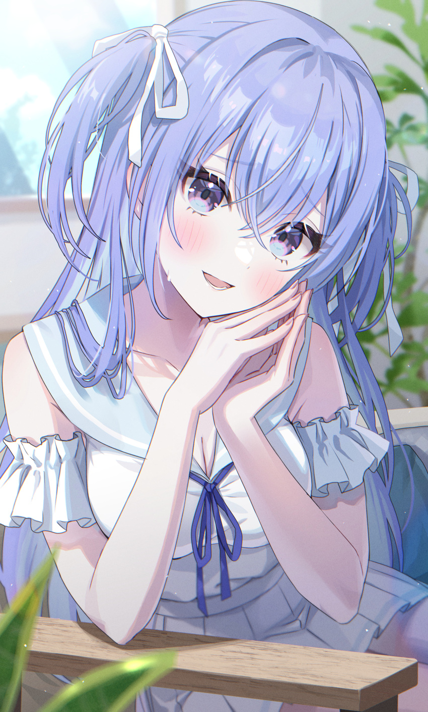 1girl absurdres alternate_hairstyle blue_eyes blue_hair blue_sailor_collar blush breasts cupping_hands elbow_rest hair_between_eyes hair_ribbon hand_on_own_cheek hand_on_own_face head_rest highres idolmaster idolmaster_shiny_colors idolmaster_shiny_colors_song_for_prism indoors long_hair looking_at_viewer medium_breasts momomoi_momoi open_mouth own_hands_together pleated_skirt ribbon sailor_collar shirt sitting skirt sleeveless sleeveless_shirt smile solo straight_hair suzuki_hana two_side_up upper_body white_skirt