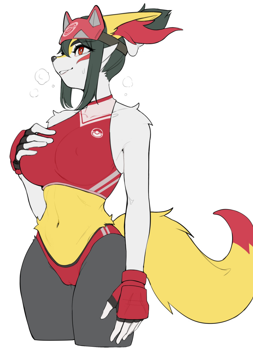 absurd_res anthro biped blizzard_entertainment braixen breasts clothed clothing female fur generation_6_pokemon hi_res kambo kiriko_(overwatch) navel nintendo nipple_outline orange_body orange_fur overwatch pokemon pokemon_(species) red_eyes simple_background solo white_background white_body white_fur