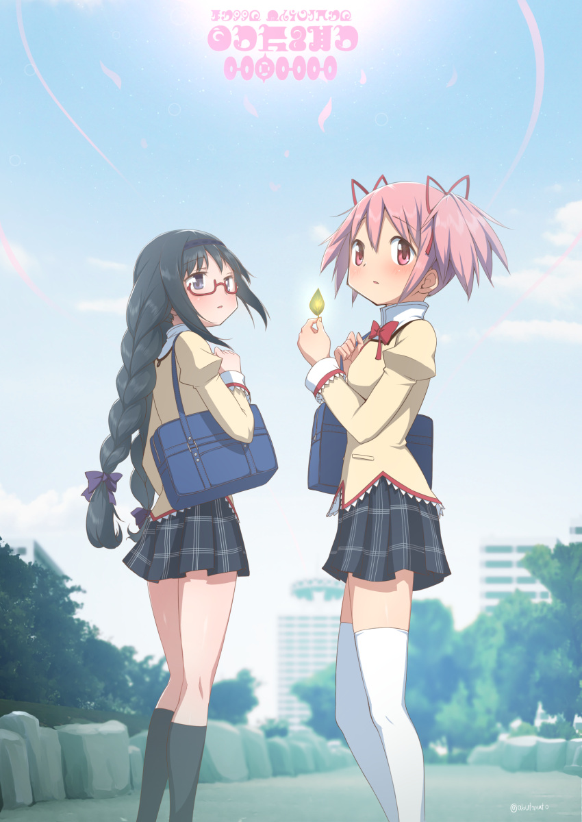 2girls absurdres abutomato akemi_homura artist_name bag black_hairband black_socks blush braid commentary_request glasses hair_ribbon hairband high_collar highres holding holding_leaf kaname_madoka kneehighs leaf long_hair looking_at_viewer madoka_runes mahou_shoujo_madoka_magica mahou_shoujo_madoka_magica_(anime) multiple_girls neck_ribbon parted_lips pink_eyes plaid plaid_skirt purple_eyes purple_ribbon red-framed_eyewear red_ribbon ribbon school_bag semi-rimless_eyewear short_hair short_twintails skirt socks thighhighs twin_braids twintails white_thighhighs zettai_ryouiki