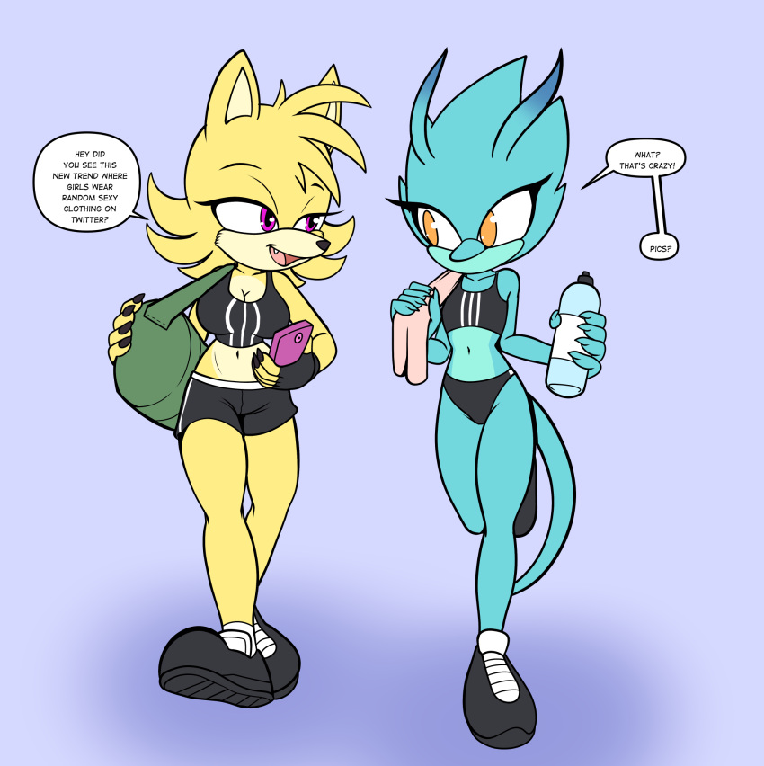 anthro canid canine canis clothed clothing dialogue duo ellie_the_wolf fan_character female fours_(artist) fur gecko green_body green_skin hi_res lizard mammal orange_eyes phone purple_eyes reptile scalie sega skitter_the_gecko sonic_the_hedgehog_(series) wolf workout_clothing yellow_body yellow_fur