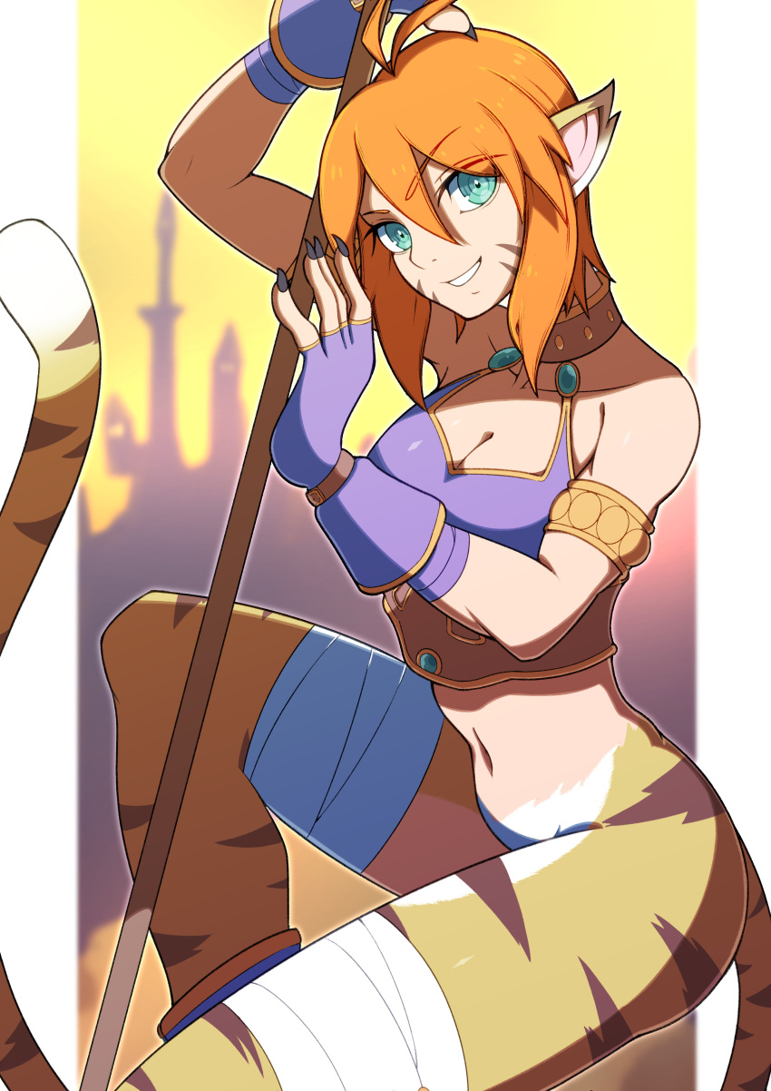 1girl absurdres animal_ears breasts breath_of_fire breath_of_fire_ii bustier cat_ears cat_tail facial_mark furry furry_female gloves highres looking_at_viewer no_pants orange_hair pointy_ears rinpoo_chuan sasaki_sue short_hair smile solo staff tail