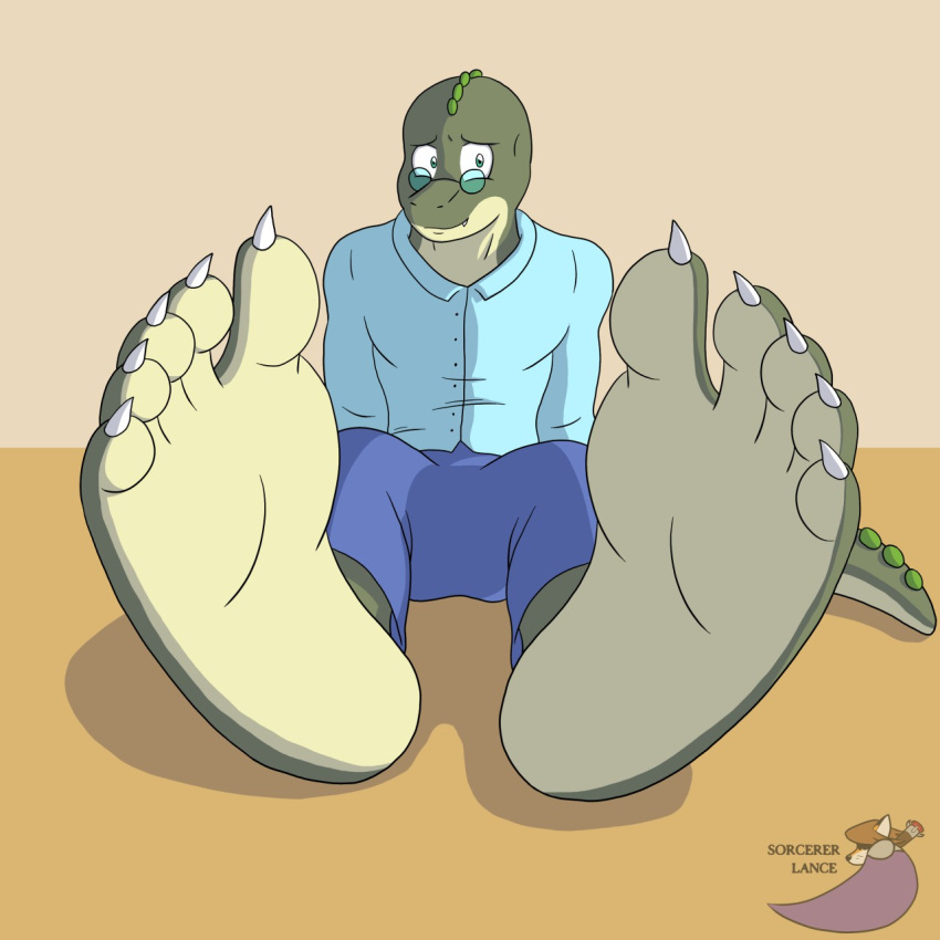 2015 5_toes anthro barefoot bottomwear button_(fastener) clothing crocodile crocodilian crocodylid eyewear feet foot_fetish foot_focus glasses green_body hi_res humanoid_feet looking_at_viewer male orange_background pants plantigrade reptile scalie sebastian_(nomadl3) shadow shirt simple_background sitting snout soles solo sorcererlance tail toes topwear