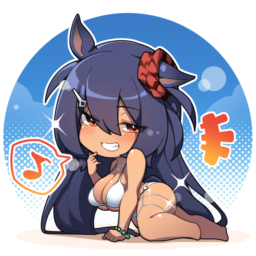 1girl animal_ears arm_support barefoot bead_bracelet beads bikini blue_background bracelet breasts chibi commentary dark-skinned_female dark_skin grin hair_between_eyes hair_ornament hairclip highres hishi_amazon_(umamusume) horse_ears horse_girl horse_tail jewelry light_blush long_hair looking_at_viewer musical_note necklace no_nose purple_hair red_eyes round_image skindentation smile solo spoken_musical_note swimsuit tail thick_thighs thighs umamusume underboob very_long_hair warashi white_bikini