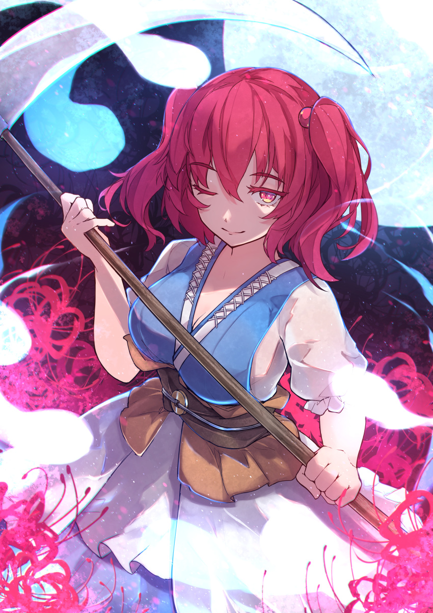 1girl ;) absurdres breasts chiroru_(cheese-roll) cleavage closed_mouth coin commission commissioner_upload flower ghost hair_bobbles hair_ornament highres holding holding_scythe holding_weapon large_breasts looking_at_viewer moon non-web_source obi one_eye_closed onozuka_komachi red_eyes red_flower red_hair sash scythe short_sleeves smile solo spider_lily touhou two_side_up weapon