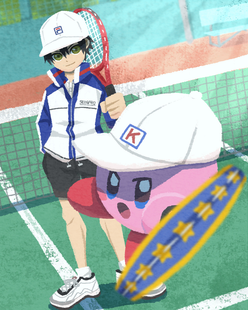 1boy baseball_cap black_shorts blue_eyes blue_jacket blush_stickers closed_mouth crossover echizen_ryooma green_eyes hand_up hat highres holding_tennis_racket jacket kirby kirby_(series) looking_at_viewer miclot open_mouth pink_footwear racket shoes shorts smile sneakers socks standing tennis_court tennis_net tennis_no_ouji-sama tennis_racket white_footwear white_headwear white_socks