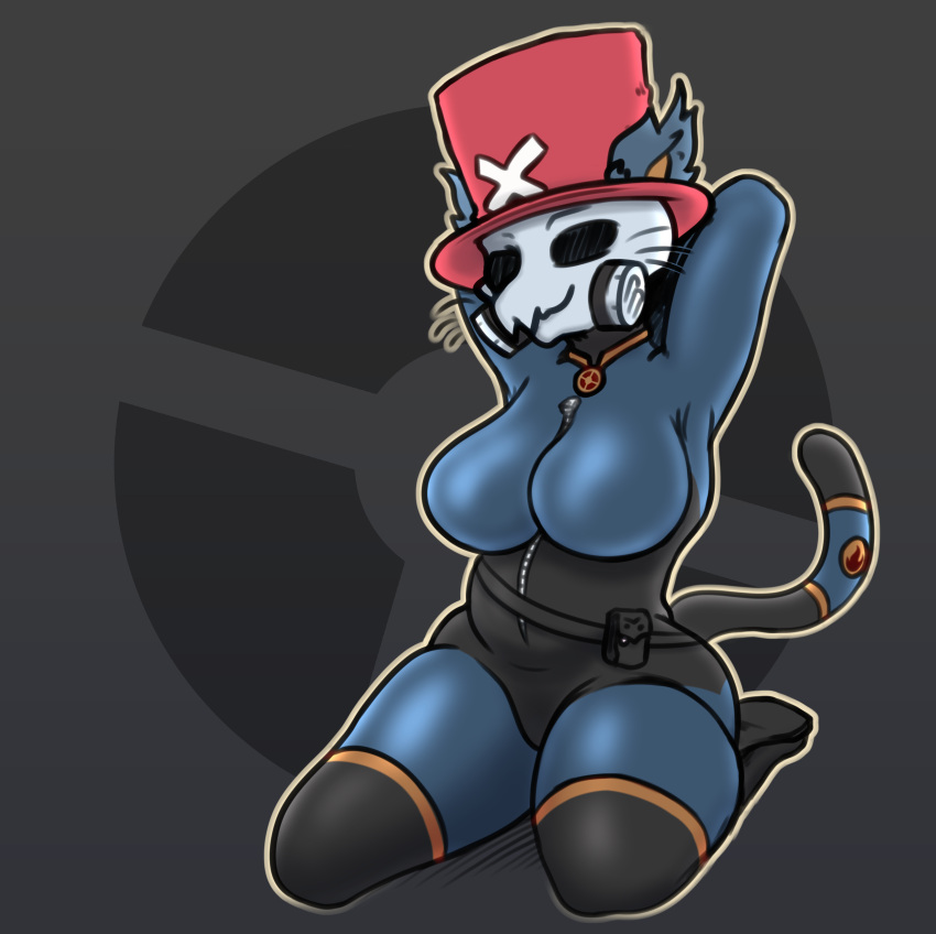 absurd_res anthro breasts caracal caracal_(genus) clothing felid feline female fempyro hands_behind_head hat headgear headwear hi_res latex mammal rubber_clothing rubber_suit solo solo_focus team_fortress_2 thick_thighs valve websheck zipper