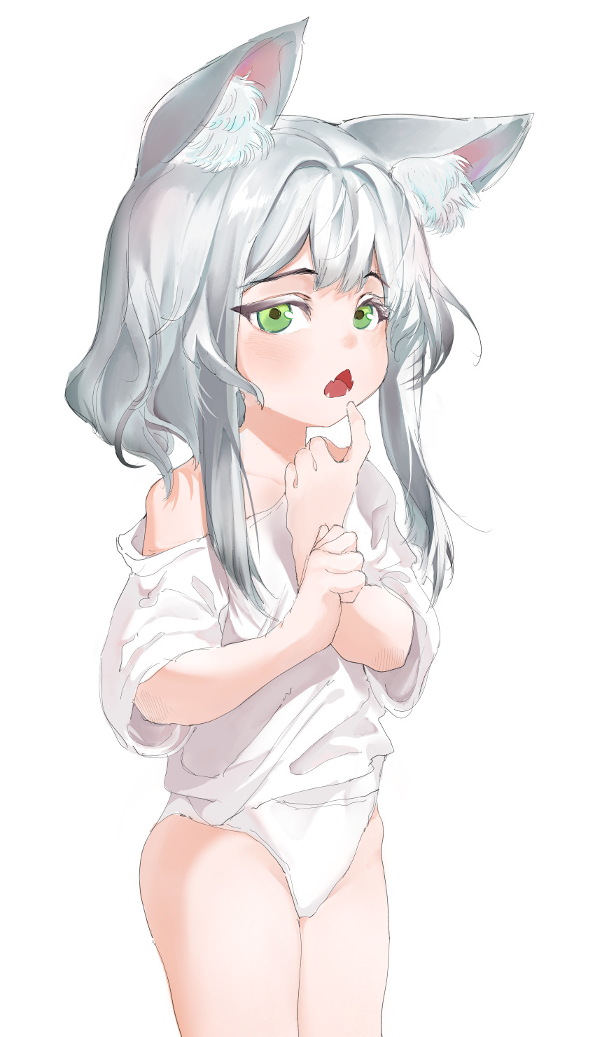 1girl absurdres animal_ear_fluff animal_ears arknights cat_ears commentary_request cowboy_shot fangs green_eyes grey_hair hands_up highres looking_at_viewer no_pants off_shoulder open_mouth panties rosmontis_(arknights) shirt short_sleeves simple_background soda_(sod4) solo standing underwear white_background white_panties white_shirt