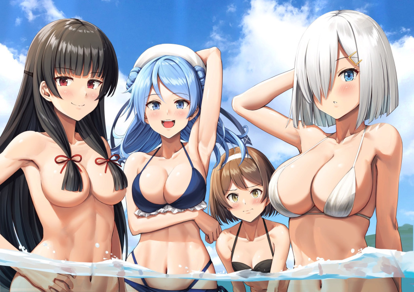 4girls abs arm_behind_head arm_up armpits bare_shoulders bikini black_bikini black_hair blue_bikini blue_eyes blue_hair blue_sky blush breasts brown_hair cleavage closed_mouth cloud collarbone commentary day double_bun frilled_bikini frills furrowed_brow grey_hair hair_bun hair_censor hair_ornament hair_over_breasts hair_ribbon hairband hairclip hamakaze_(kancolle) hand_on_own_hip hat highleg highleg_bikini highres ichikawa_feesu isokaze_(kancolle) kantai_collection large_breasts leaning_forward long_hair looking_at_viewer multiple_girls navel nude open_mouth outdoors parted_lips partially_submerged red_eyes red_ribbon ribbon short_hair side-tie_bikini_bottom sky smile swimsuit tanikaze_(kancolle) toned tress_ribbon urakaze_(kancolle) very_long_hair water white_bikini white_hairband white_headwear