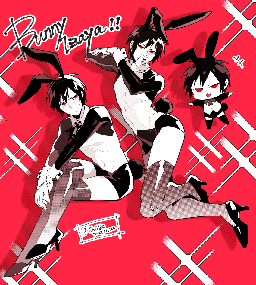 1boy absurdres animal_ears black_hair black_shorts chibi crossdressing crossed_legs dated detached_collar durarara!! english_text eromkk fake_animal_ears full_body high_heels highres male_focus navel orihara_izaya pectorals playboy_bunny rabbit_ears rabbit_tail red_eyes short_hair shorts signature spot_color tail thighhighs