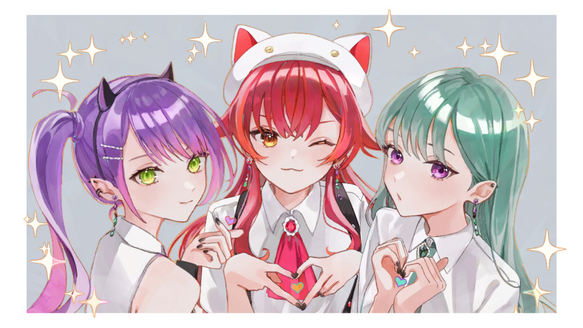 3girls :3 animal_hat ascot black_nails blush border chestnut_mouth closed_mouth dangle_earrings earrings fake_horns fyuu-ka green_eyes green_hair hat heart heart_hands highres hololive horns jewelry long_hair looking_at_viewer multiple_earrings multiple_girls nail_polish nekota_tsuna one_eye_closed orange_eyes pink_ascot pointy_ears purple_eyes purple_hair red_hair shirt smile sparkle star_(symbol) tokoyami_towa twintails virtual_youtuber vspo! white_border white_headwear yakumo_beni