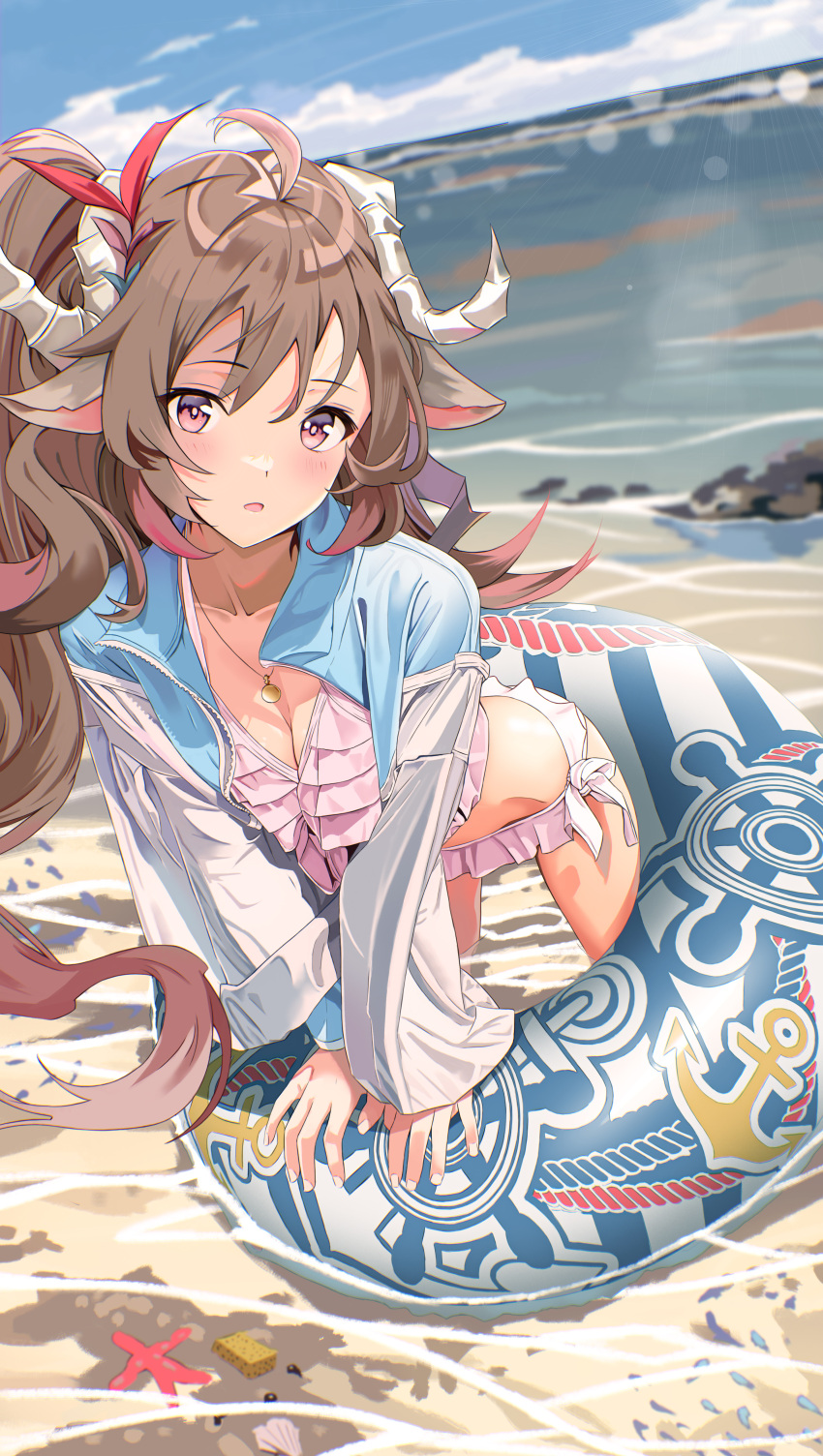 1girl absurdres ahoge animal_ears arknights auguste bikini blue_jacket blush brown_hair eyjafjalla_(arknights) frilled_bikini frills highres horns innertube jacket jewelry long_hair looking_at_viewer necklace ocean open_mouth partially_submerged ponytail sheep_ears sheep_girl sheep_horns solo swimsuit water