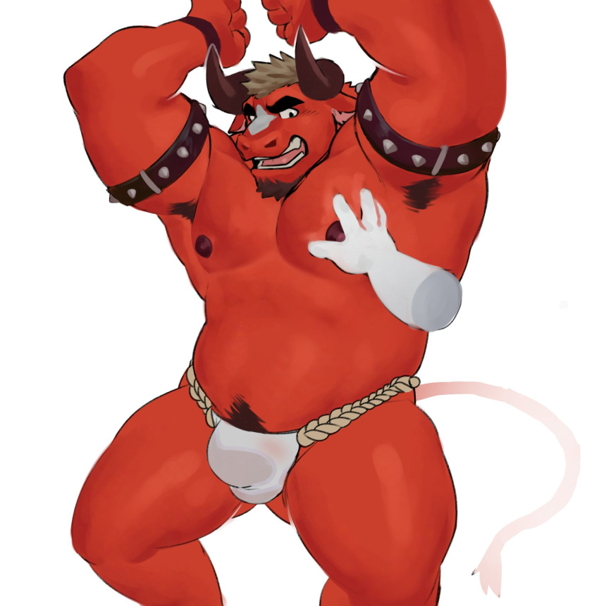 2023 annoyed anthro armband armpit_hair asian_clothing big_muscles body_hair bovid bovine cattle clothing colored darius_(kemo_coliseum) disembodied_hand east_asian_clothing fundoshi fur hair happy_trail hi_res horn japanese_clothing kemo_coliseum male mammal monotone_body monotone_fur muscular muscular_anthro muscular_male nipples pec_grab pecs portrait raised_arm red_body red_fur red_nipples simple_background solo spiked_armband spikes teeth three-quarter_portrait toro_artz underwear white_background white_clothing white_fundoshi white_underwear