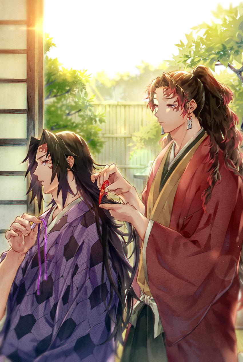 2boys absurdres bamboo_fence black_hair black_hakama bloom brothers brown_kimono brushing_another's_hair brushing_hair closed_mouth comb commentary_request day earrings facial_tattoo fence hair_down hakama hanafuda hanafuda_earrings hand_up haori high_ponytail highres holding holding_comb honeycomb_(pattern) jacket japanese_clothes jewelry kimetsu_no_yaiba kimono lens_flare long_hair long_sleeves male_focus multicolored_hair multiple_boys open_clothes open_jacket open_mouth oyumai parted_bangs ponytail profile purple_kimono purple_ribbon red_eyes red_hair red_jacket ribbon shouji siblings sidelocks sideways_glance sliding_doors sunlight tattoo tree tsugikuni_michikatsu tsugikuni_yoriichi