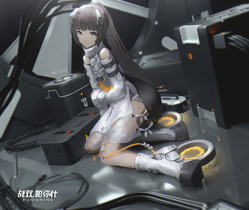 banxuan_c2ka closed_mouth copyright_name detached_collar detached_sleeves dress grey_dress grey_eyes grey_hair grey_sleeves headgear highres long_hair long_sleeves mechanical_foot nanami:_pulse_(punishing:_gray_raven) nanami_(punishing:_gray_raven) punishing:_gray_raven sidelocks skates sleeves_past_wrists tagme very_long_hair