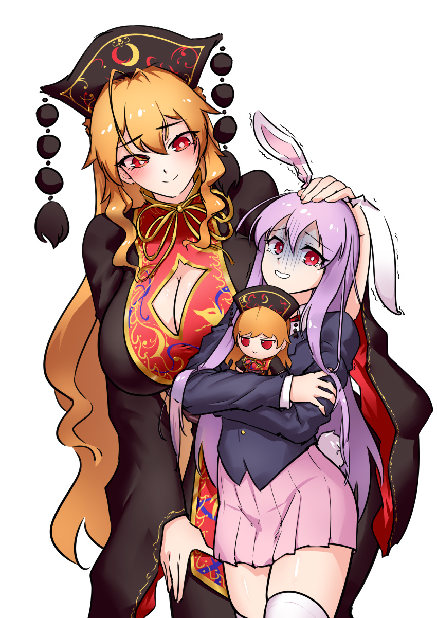 2girls absurdres animal_ears belt black_dress black_headwear blush breasts buttons character_doll chinese_clothes cleavage_cutout closed_mouth clothing_cutout collared_jacket collared_shirt crescent crescent_print doll dress drill_hair drill_sidelocks fumo_(doll) hair_between_eyes hand_on_another's_head hand_up hat highres hugging_doll hugging_object jacket junko_(touhou) large_breasts long_hair long_sleeves looking_afar looking_at_another looking_down mandarin_collar miniskirt multiple_girls neck_ribbon necktie nervous nervous_smile orange_hair petting phoenix_crown pink_skirt pleated_skirt pom_pom_(clothes) purple_belt purple_hair purple_jacket rabbit_ears rabbit_girl rabbit_tail red_eyes red_necktie red_tabard reisen_udongein_inaba ribbon shirt shriohalfarm sidelocks simple_background skirt smile standing tabard tail tassel tearing_up teeth thighhighs touhou white_background white_shirt white_thighhighs wide_sleeves yellow_ribbon