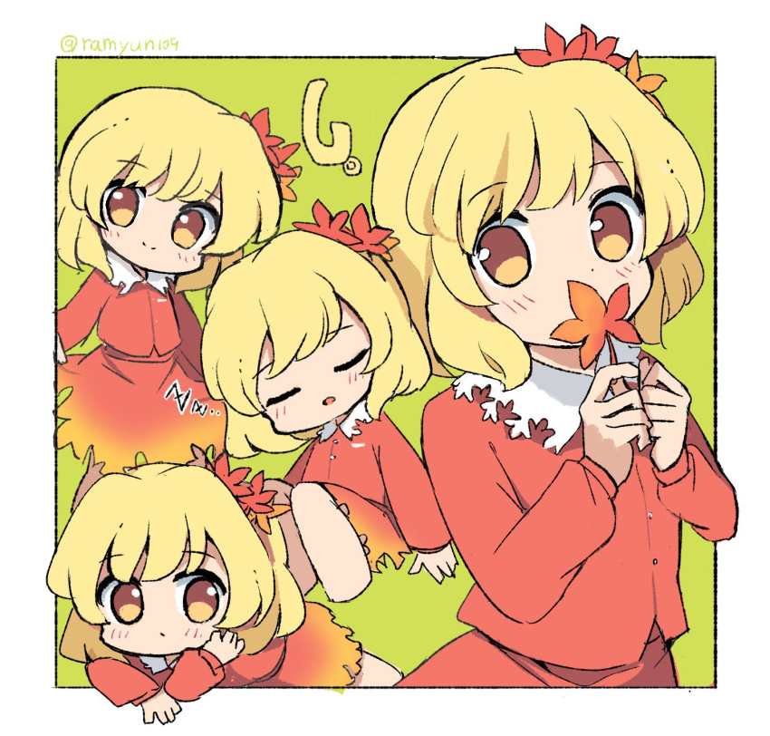 1girl aki_shizuha blonde_hair buttons closed_eyes closed_mouth collared_shirt highres holding holding_leaf leaf leaf_on_head maple_leaf multiple_views open_mouth ramudia_(lamyun) red_shirt red_skirt shirt short_hair skirt smile touhou yellow_eyes