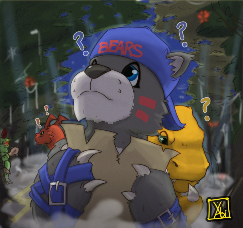 agumon anthro bandai_namco bear bearmon brown_body brown_fur clothing digimon digimon_(species) forest fur goblimon group guilmon hat headgear headwear hi_res lost male mammal plant question_mark tree xabimaruru yellow_body