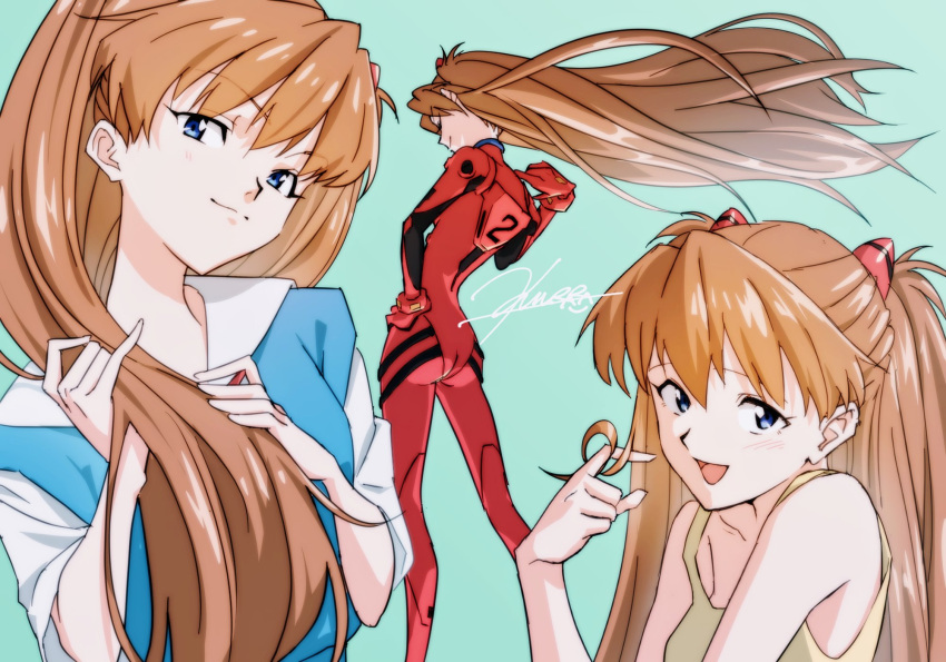 1girl blue_eyes blush bodysuit brown_hair dress hair_focus highres interface_headset kura_rart long_hair looking_at_viewer neon_genesis_evangelion plugsuit red_bodysuit school_uniform skin_tight solo souryuu_asuka_langley sundress two_side_up