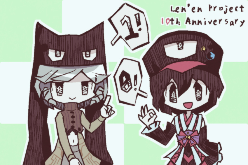 2others androgynous animal_hat atoymk black_hair black_headwear black_sleeves brown_sweater checkered_background closed_mouth cropped_sweater detached_sleeves frilled_sleeves frills grey_eyes grey_hair hat len'en long_sleeves medium_hair multiple_others navel no_nose open_mouth other_focus outline rei_(len'en) ribbed_sweater smile spoken_number sweater turtleneck turtleneck_sweater white_outline zelo_(len'en)