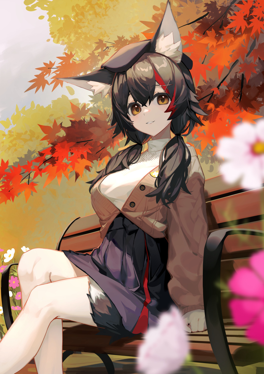 1girl absurdres animal_ear_fluff animal_ears autumn_leaves bench beret black_hair black_headwear black_skirt brown_cardigan brown_eyes buttons cardigan cine_(wazd0183) feet_out_of_frame flower grey_sky hair_between_eyes hair_ornament hat high-waist_skirt highres hololive long_hair long_sleeves looking_at_viewer low_twintails multicolored_hair ookami_mio open_cardigan open_clothes outdoors paid_reward_available pink_flower red_hair shirt sitting skirt sky smile streaked_hair twintails virtual_youtuber white_shirt wolf_ears wolf_girl x_hair_ornament