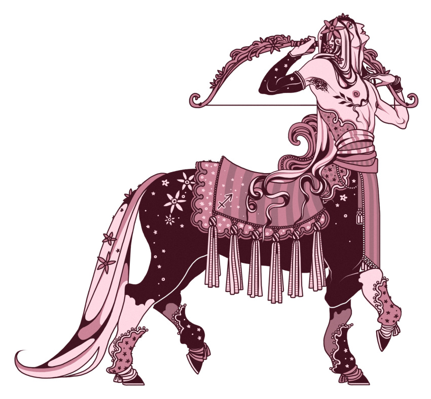 accessory armpit_hair body_hair centaur clothed clothing equid equid_taur flower flower_in_hair hair hair_accessory hi_res holding_bow_(weapon) holding_object holding_weapon humanoid_taur iliothermia male mammal mammal_taur mastectomy_scar plant saddle sagittarius_(zodiac) scar solo tail taur topless topless_male trans_(lore) trans_man_(lore) unguligrade visibly_trans weapon western_zodiac